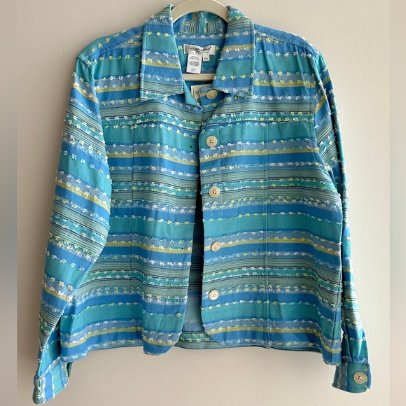 Coldwater Creek Blue/Green Boucle Striped Button Down Jacket, Size PXL - Picture 1 of 14